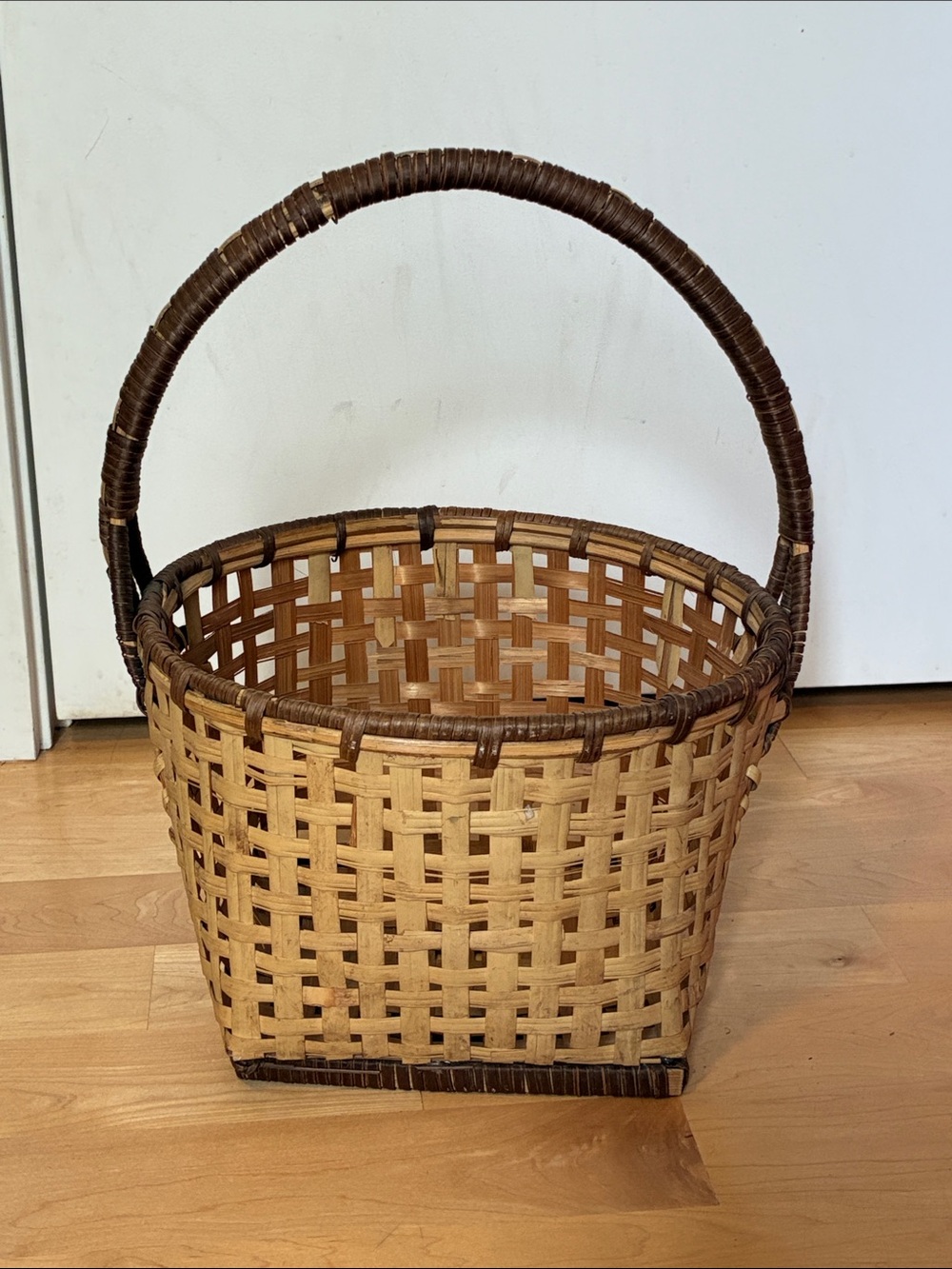 Handwoven Brown and Natural Wicker Basket with Handle